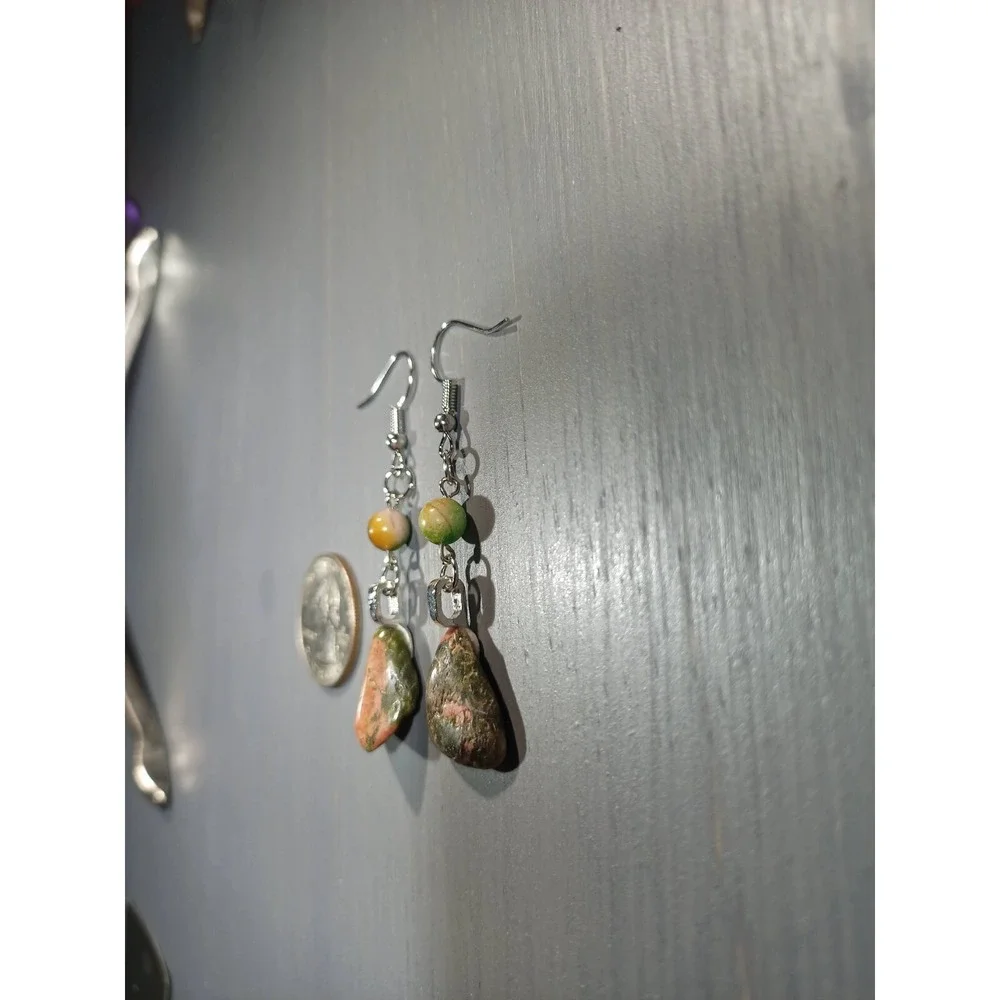 Unakite Tumbled Stone Dangle Earrings Nickel Free Pink Green Boho Handmade